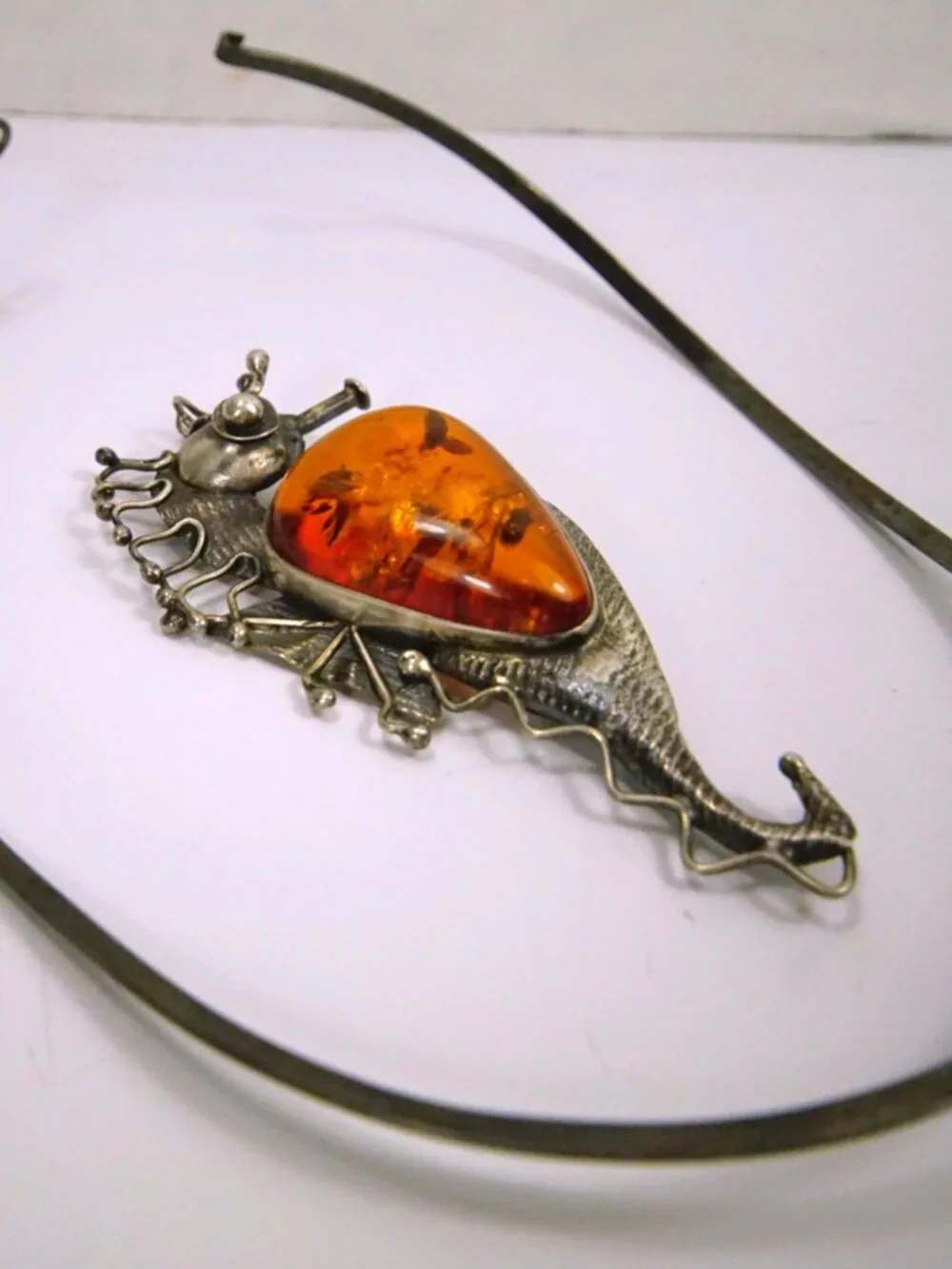 Rare Seahorse Baltic  Amber Sterling  Silver Pendant-Brooch Necklace